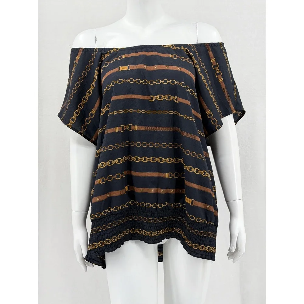 Michael Kors Top Womens 2X Navy Chain Belt Off the‎ Shoulder Equestrian Sheer